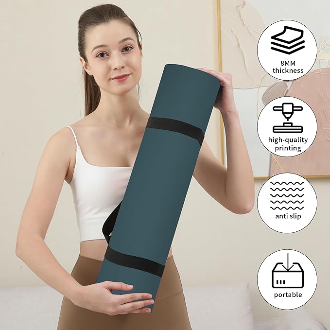 HAHE Yoga Mat Thick (8MM,1/3"), Eco-Friendly POE Non Slip Yoga Mat, High Rebound & Shock Absorption, Anti-Tear & Sweat-Resistant for Yoga, Fitness, Home, Workouts, Large Pilates Mats 72"x24" with Carrying Strap - Bloomnest