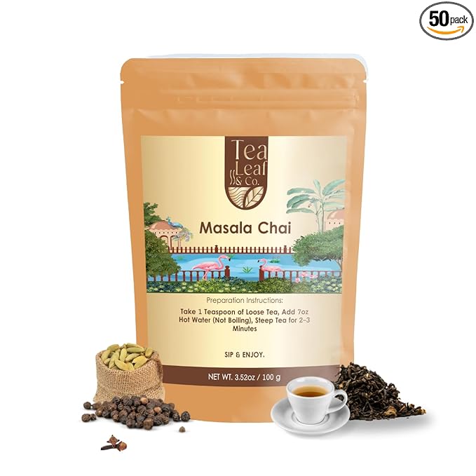 Tealeaf & Co. Masala Chai - Loose Leaf Black Tea Blended with Organic Spices (Ginger, Cardamom, Black Pepper & Cloves Whole Organic) - Low Caffeine (3.52oz/100gm) - Bloomnest