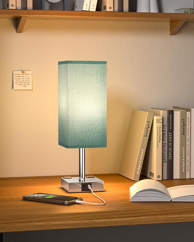 Touch Bedside Table Lamp for Nightstand - 3-Way Dimmable Night Lamp with USB A + Type C Charging Ports and Two AC Outlets, Small Desk Light with E26 Bulb for Bedroom Living Room Dorm, Turquoise - Bloomnest