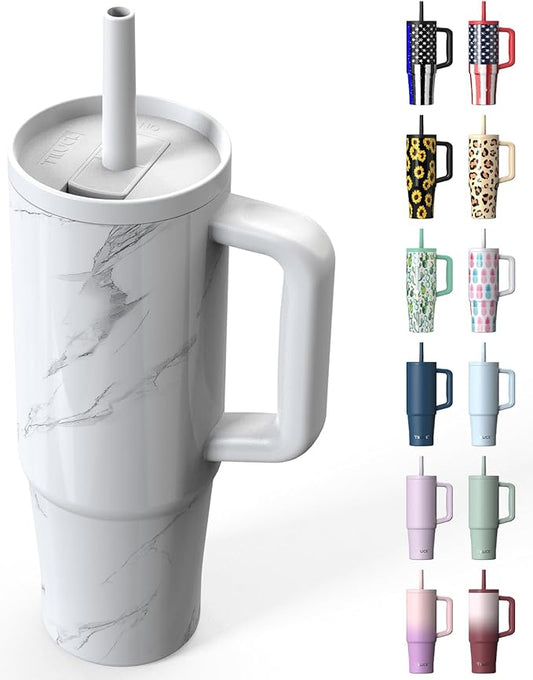 TILUCK 30 oz Tumbler with Handle, Vacuum Insulated Stainless Steel Travel Mug with 100% Leak-Proof Silicone Straw Lid, Cupholder Friendly Water Bottle(Marble, 30oz)