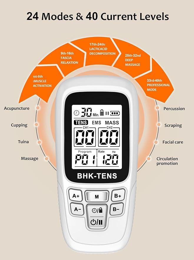 24 Modes TENS EMS Unit for Pain Relief, Muscle Stimulator Machine with 8 Reusable Electrode Pads - FDA Cleared 3-in-1 Device, 40 Intensity Levels, 90 Min Timer, Back/Neck/Knee Therapy, Pulse 2-150Hz