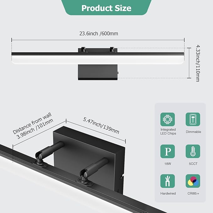 Black Vanity Light 24", 18W LED Bathroom Light Bar with 5CCT, Adjustable Angle & ETL Dimmable Driver – Modern Bathroom Vanity Light Fixture for Mirror, Powder Room, Bedroom, Apartment, Hotel - Bloomnest