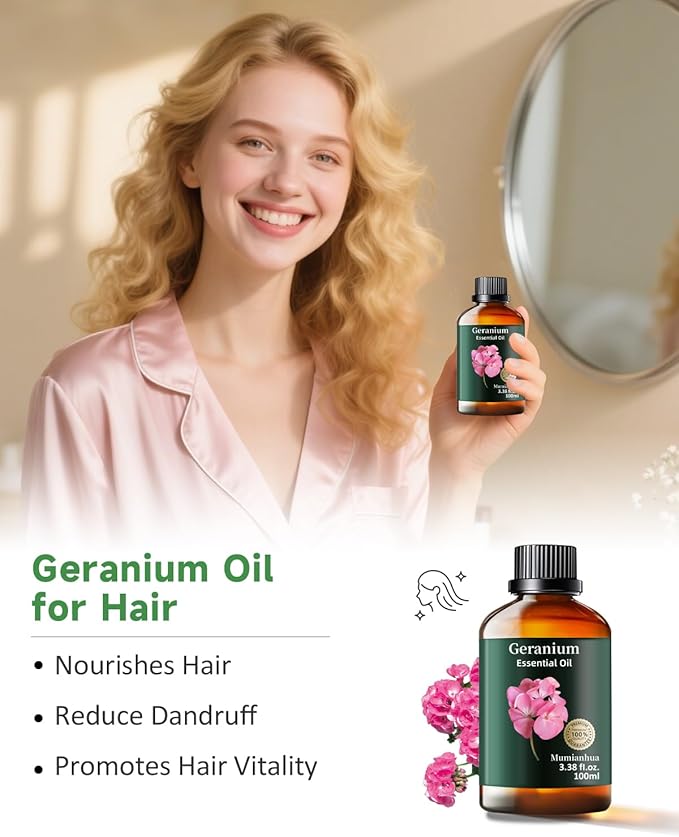 Pure Geranium Essential Oil, Mumianhua Natural Rose Geranium Oil for Reed Diffuser, Air Freshener, Massages,Relaxation, Garden Freshness, Outdoor Ambiance, Skin, Hair, Soap, Candles Making 3.38 Fl oz - Bloomnest