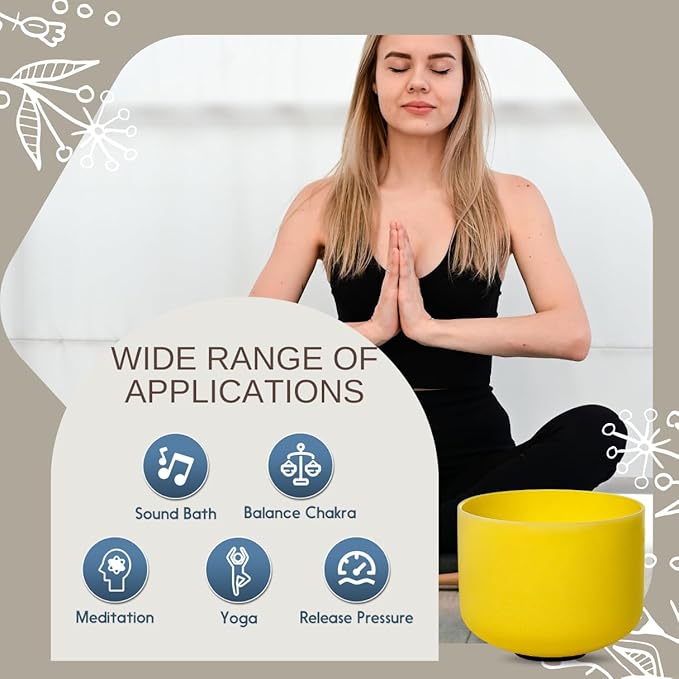 10 inch Yellow E Note Solar Plexus Quartz Crystal Singing Bowl, for Healing Mindfulness Meditation Yoga Sound Baths, with Rubber Mallet O-ring