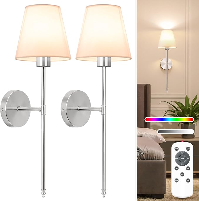 NIORSUN Battery Operated Wall Sconce Set of 2,Brushed Nickel Rechargeable Wall Lights with 5200mAh Dimmable Detachable Bulbs and Remote, 10 Colors Wireless Sconces for Bedroom Living Room Hallway - Bloomnest