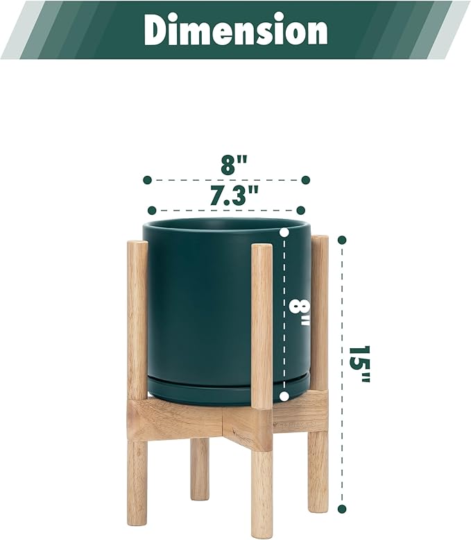 D'vine Dev Ceramic Planter with Natural Stand - 8 Inch Modern Round Flower Pot with Wood Planter Holder, Teal, 55-B-N-4 - Bloomnest