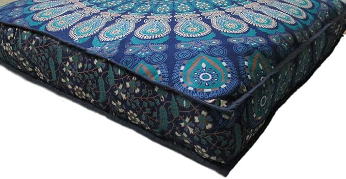 INDIAN CRAFT CASTLE 24" Blue Peacock Mandala Barmeri Large Floor Pillow Cover Cushion Meditation Seating Ottoman Throw Cover Hippie Decorative Zipped Bohemian Pouf Ottoman Pom Pom Cases 24" Square - Bloomnest