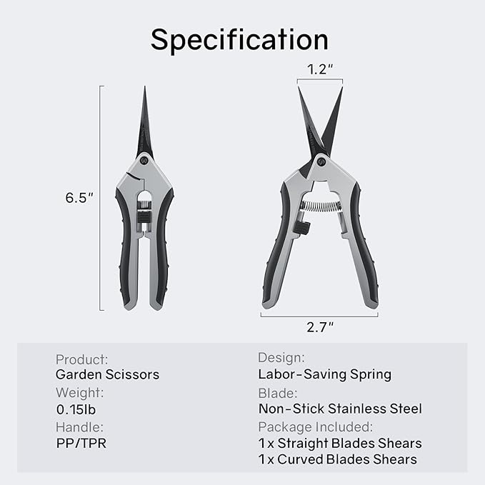 6.5" Ultra Sharp Pruning Shears, 2-Pack Garden Scissors with Stainless Steel Blades, Ergonomic Grip, Rust Resistant, Safety Lock, Trimming Scissors for Plants (1pc Straight & 1pc Curved) - Bloomnest