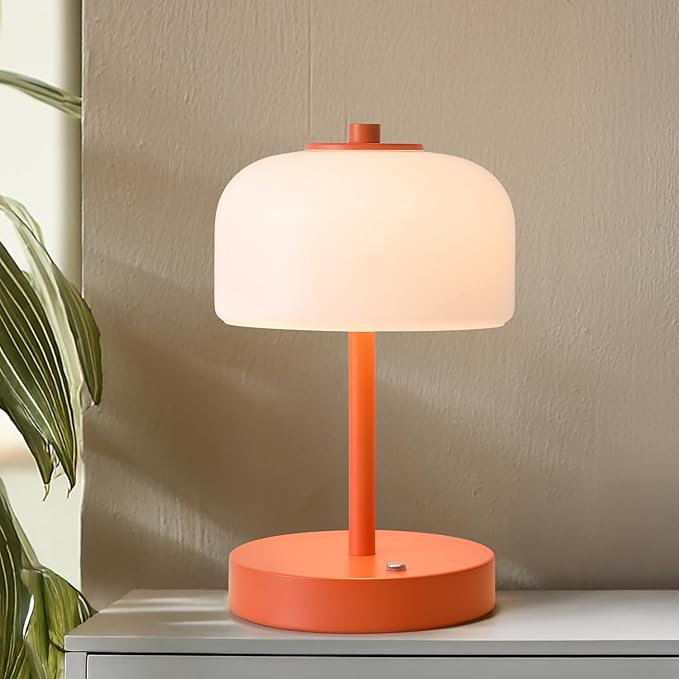 Oneach 9" Cordless Table Lamp, Orange Rechargeable Battery Operated Lamp, 3-Way Stepless Dimming Touch Lamps, Small Glass Bedside Nightstand Light for Bedroom Dining Table Living Room Shelf Decor - Bloomnest