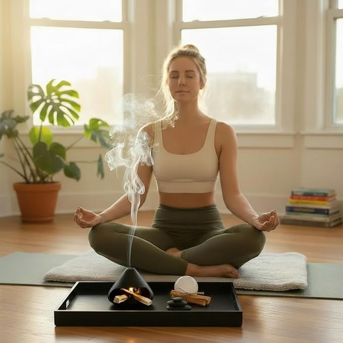 Palo Santo Holder Incense Burner, Sage Sticks Holder, Zongzi Clay Smudge Bowl with Chimney, Mini Cone Ceramic Fireplace for Cedar, Yoga, Sleep, Home Decor, Anxiety Relief Meditation for Women (Black) DIDIBIRD