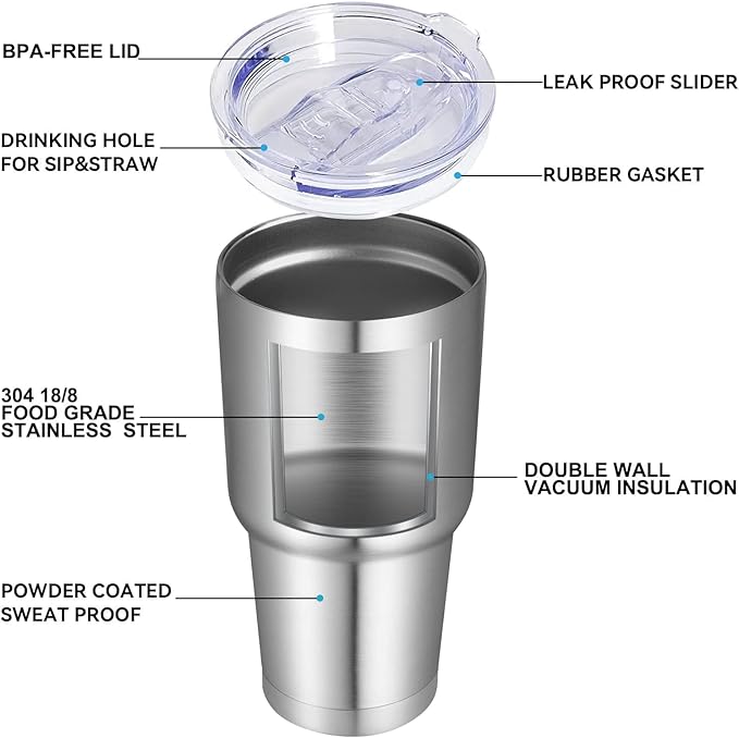 DOMICARE 30 oz Tumbler with Lid and Straw, Stainless Steel Tumblers Bulk, Insulated Vacuum Double Wall Travel Coffee Mug, Durable Powder Coated Tumbler Cups (Stainless Steel, 4) - Bloomnest
