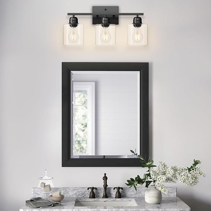 Modern 3 Light Bathroom Light Fixtures, 19 inch Black Vanity Lights for Bathroom with Clear Glass for Mirror Kitchen Living Room Hallway Cabinet Porch - Bloomnest