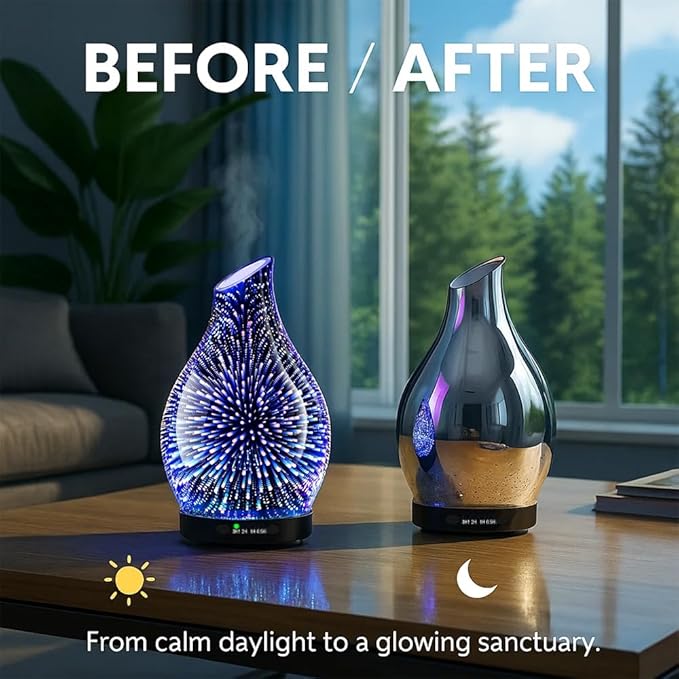 120ML Essential Oil Diffuser, 3D Glass Aromatherapy Diffuser with Auto Shut-Off and 7 Color LED Lights, Ultrasonic Mist Humidifier with 4 Timer for Home Office Bedroom (3D Fireworks) - Bloomnest