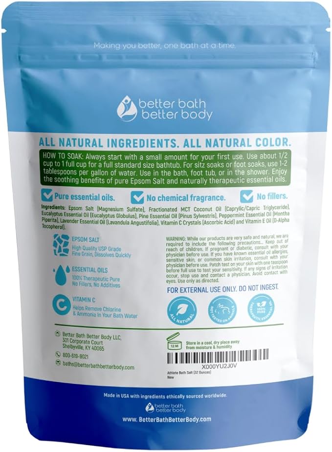 Athlete Bath Salt 32 Ounces Epsom Salt with Natural Lavender, Pine, Peppermint and Eucalyptus Essential Oils Plus Vitamin C in BPA Free Pouch with Easy Press-Lock Seal - Bloomnest