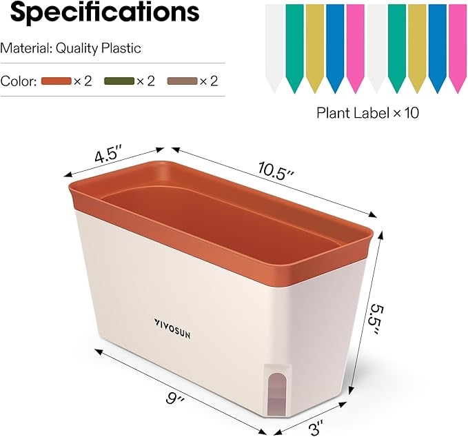 VIVOSUN Self-Watering Planters, 6-Pack 10.5 Inch Compact Rectangular Window Herb Planter Box with 10 PCS Plant Labels, Plant Container for Basil, Flowers, Succulents, Indoor & Outdoor - Bloomnest