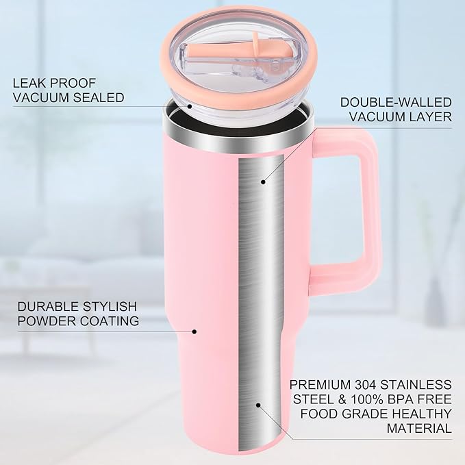 40 oz Tumbler with Handle and Flip Straw Lid, Vacuum Insulated Leak Proof Double Walled Stainless Steel Travel Mug Tumblers, Maintains Cold Ice and Heat for Hours(Pink) - Bloomnest