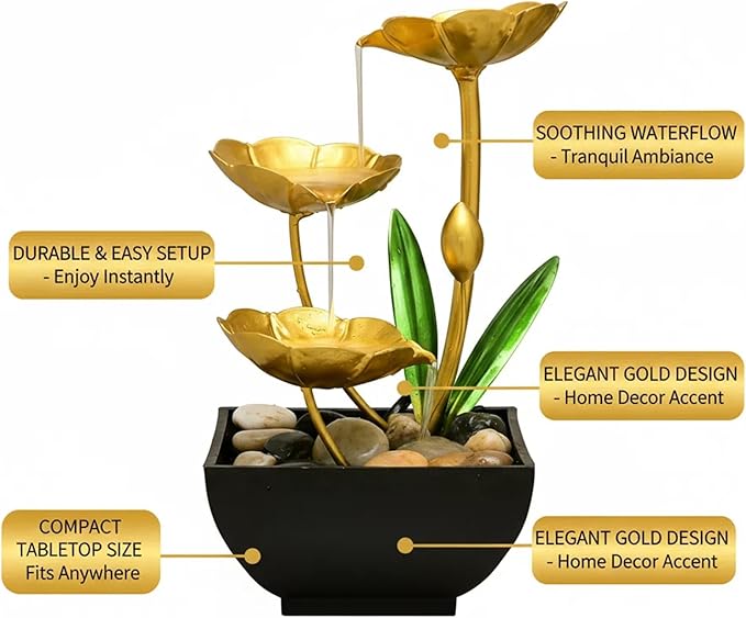 Gold Tabletop Water Fountain, Desktop Waterfall, Indoor Lotus Desktop Decorative Fountain, Home Bathroom Bedroom Decor. - Bloomnest