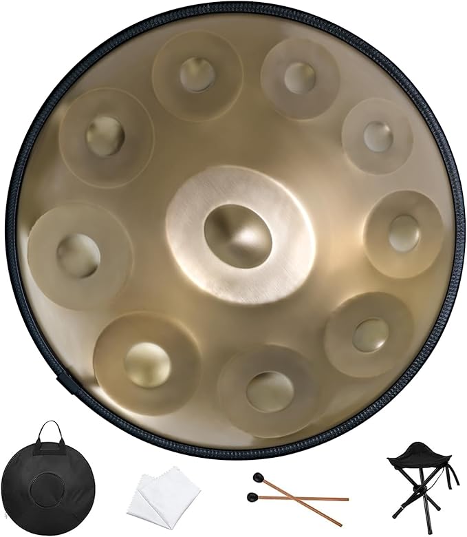 Handpan Drum 22 Inches D Minor Kurd, 432Hz 10 Notes Hand Drum Instrument, Premium Steel Drum, Handpan Instrument for Adults (Gold) - Bloomnest