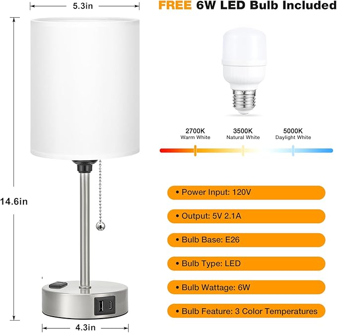 White Bedside Lamp for Bedroom - 3 Color Temperatures Desk Lamp with USB C and A Ports, Pull Chain Table Lamp with AC Outlet, Nightstand Lamp with Silver Metal Base for Kids Girls - Bloomnest