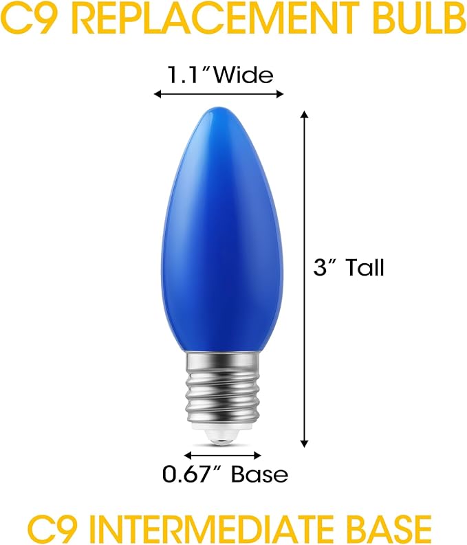 25-Pack Ceramic C9 Christmas Light Bulbs, Blue LED Light Bulbs Holiday Decoration, Christmas Decor for Indoor & Outdoor Use, E17/C9 Intermediate Base (Blue Smooth) - Bloomnest