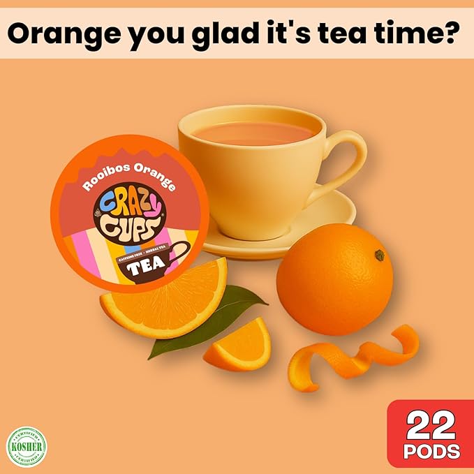Crazy Cups Rooibos Orange Herbal Tea Pods, 22 Count | Naturally Caffeine Free, Kosher Certified, Zesty Orange & Rooibos Blend, K Cup Compatible, Gluten Free, Vegan, Relaxing Herbal Tea - Bloomnest