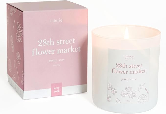 Literie NYC Inspired Scented Candle: 28th Street Flower Market - Peony & Rose Scent, 9oz, 50 Hour Burn, Vegan Soy & Coconut Blend Candle for Home Decor, Gift for Women & Men - Bloomnest