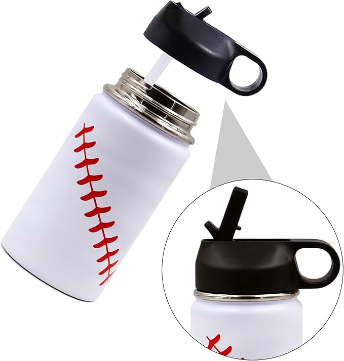 12 oz Baseball Water Bottle, Sports Flask Metal Travel Tumbler with 2 Lids, Stainless Steel Double Wall Vacuum Insulated Leak Proof Thermo Water Bottles, Baseball Accessories Gifts for Mom Boys Girls - Bloomnest