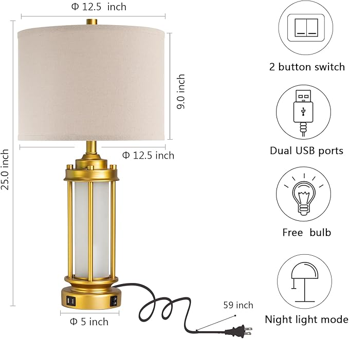 Set of 2 Modern Table Lamps for Living Room, Farmhouse Vintage Bedside Lamp with 2 USB Ports Glass Nightlight, Gold Nightstand Desk Lamps for Entryway Bedroom Dresser, 4 Bulbs Included - Bloomnest