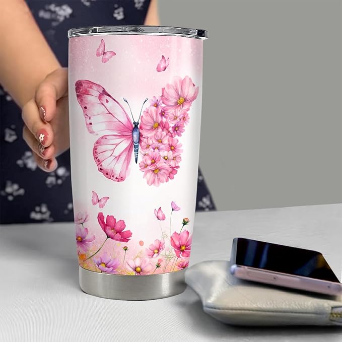 SANDJEST Butterfly Tumbler 20oz Butterfly Gifts for Women Girl Teen Stainless Steel Insulated Tumblers Coffee Travel Cup Mug Gift for Birthday Christmas - Bloomnest