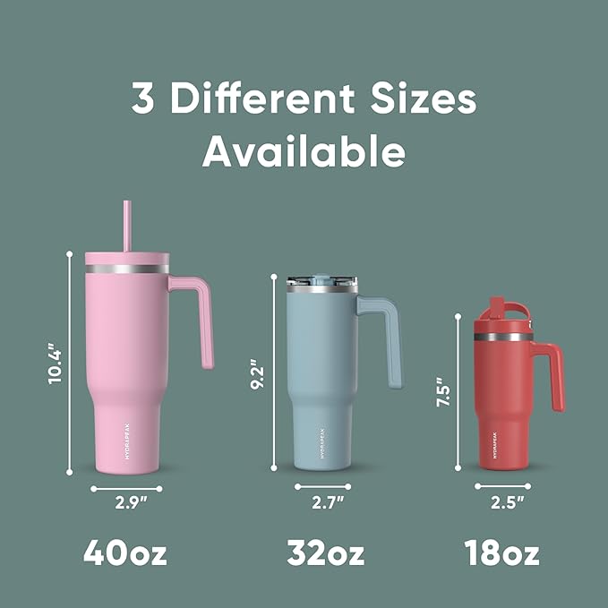 Hydrapeak Voyager 40 Oz Stainless Steel Tumbler with Handle, Insulated Water Bottle With Straw & Lid, Cupholder Friendly Reusable Travel Mug (Pale Sage) - Bloomnest