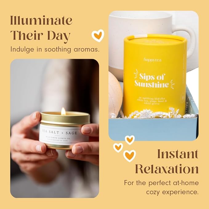 Unboxme Sunshine Gift For Women | Self Care Package with Herbal Tea, Mug, Bath Bomb, Candle, Fluffy Socks, Lip Balm, Sheet Mask, Scrunchie & Happy Birthday Card - Bloomnest