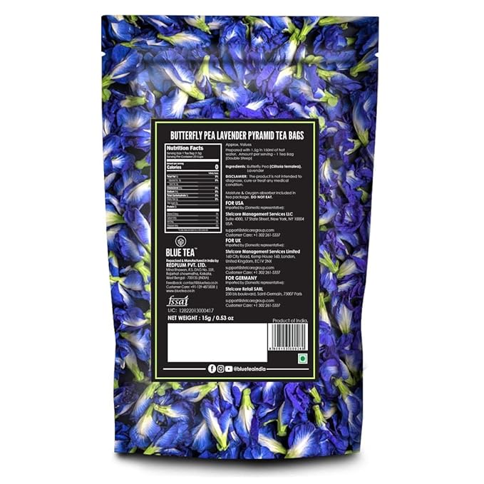 BLUE TEA - Butterfly Pea Flower Tea - Lavender - 10 Count - Pyramid Plant Based Tea Bag | CALMING AND RELAXING | Caffeine Free - Detox Tea - Flower Based - Non-Bitter | Zipper Pack - Bloomnest