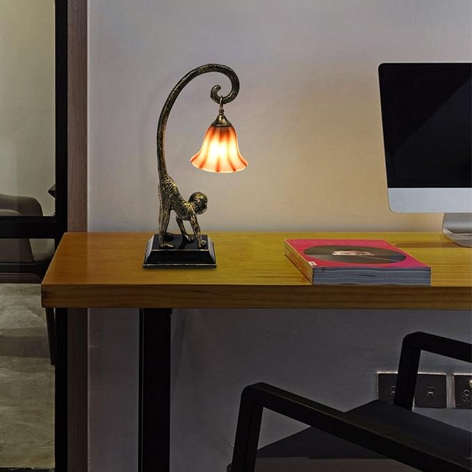 Eapmic Table Lamp, Resin Monkey Desk Lamp, Retro Bedside Light Animal Table Lamp with Trumpet Shade, Monkey Light for Bedroom Living Room Kids Room Office Home Decoration (Style 2) - Bloomnest