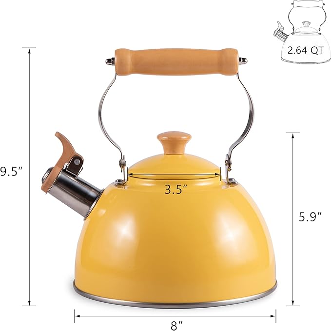 ROCKURWOK Tea Kettle, Tea Pot with Cool Touch Ergonomic Handle, Teapot Food Grade Stainless Steel, Tea Kettle Stovetop, Kettle Teapot, Whistling Tea Kettle, Tea Pot, 2.7 Quart (Yellow) - Bloomnest