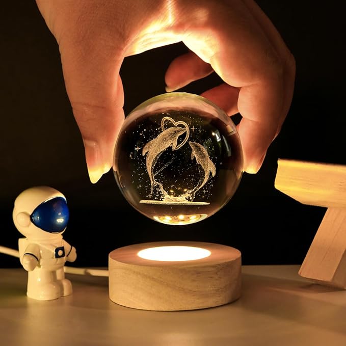 3D Laser Engraved Dolphin Crystal Ball, Romantic Dolphin & Heart LED Night Light, 60mm Sea Animal Figurines Decor Glass Sphere Lamp Gifts for Women Kids Mom - Bloomnest