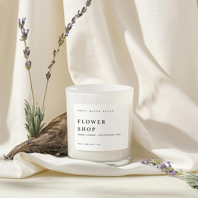Sweet Water Decor Flower Shop Candle - Jasmine with Pink Peppercorn Scent -100% Cotton Wick Soy Blend Wax Candles with 50 Hour Burn Time - Poured in The USA - 11oz White Jar - Bloomnest