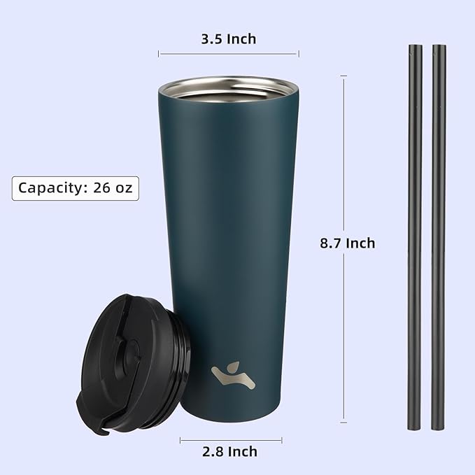 26 OZ Insulated Tumbler with Lid and 2 Straws Stainless Steel Water Bottle Vacuum Travel Mug Coffee Cup,Navy blue - Bloomnest