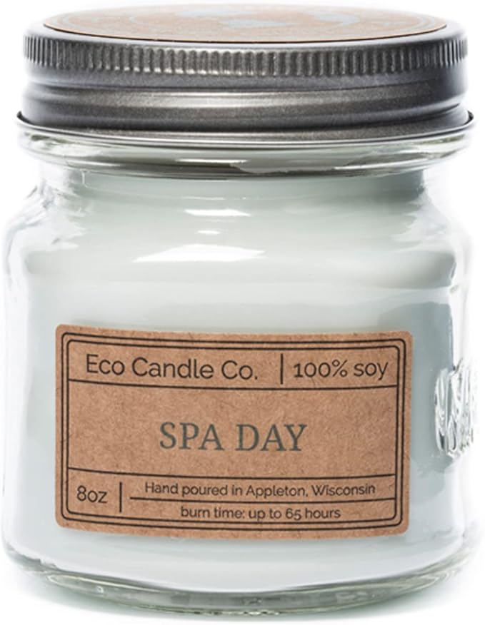 ECO CANDLE CO. Mason Jar Candle, Spa Day, 8 oz. - Scents of Flowers, Musk, Melon, Citrus, & Ocean Air - 100% Soy Wax, No Lead, Kraft Label & Antiqued Pewter Lid, Hand Poured, Midwest Grown Soybeans - Bloomnest