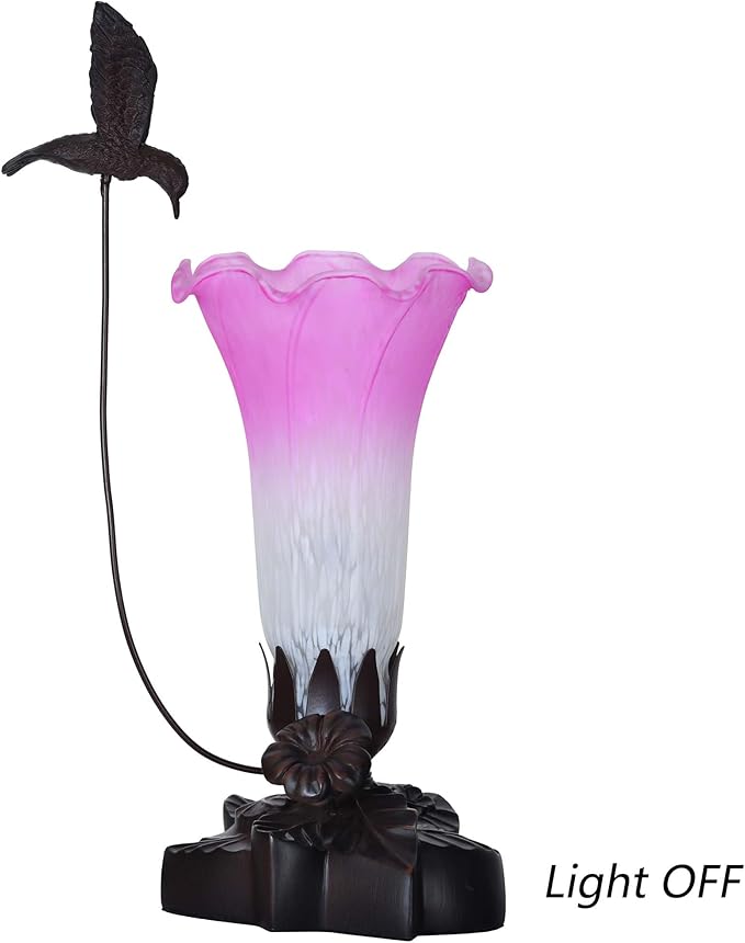 Bieye LL02 Hummingbird Flying Over Lily Flower Blown Glass Table Lamp for Home Decor (White Pink, 4.25Wx12H)