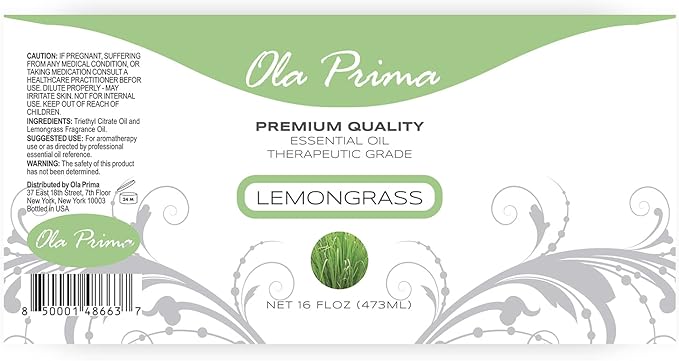 Ola Prima Lemongrass Essential Oil for Aromatherapy, Diffuser, Cleaning, Skin, Hair Health, Relaxation, Soap & Candle Making (16oz Bulk) - Bloomnest