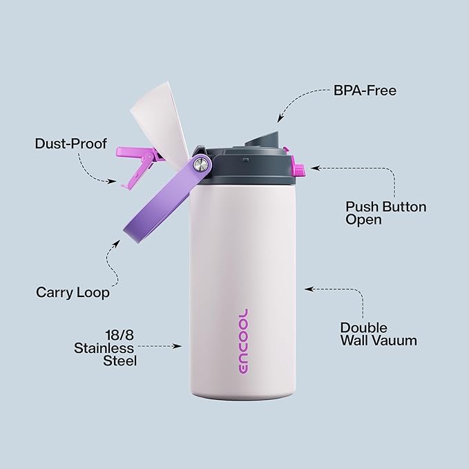 Insulated Water Bottle with Straw - Encool Stainless Steel Water Bottle with Push Button Lid, Leak-Proof & BPA-Free, Keeps Cold for 24 Hours for Sports, Travel, Gym (18 oz, Oyster Pink) ENCOOL