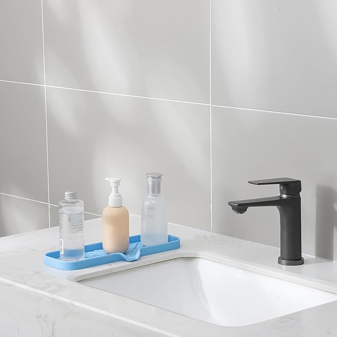 Silicone Bathroom Soap Dishes with Drain Spout-Bathroom and Kitchen Sink Organizer,Sponge Holder,Dish Soap Tray,Perfect for Dispenser,Scrubber,Bottle on Sink or Counter-Light Blue 12"×4" - Bloomnest