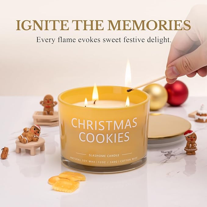 Christmas Cookie Candle, Large 3 Wick 12oz Soy Scented Candle, Luxury Christmas Birthday & Winter Holiday Gift for Women & Men, Long Lasting 60+ Hour Clean Non-Toxic Burn, Elegant Winter Home Decor - Bloomnest