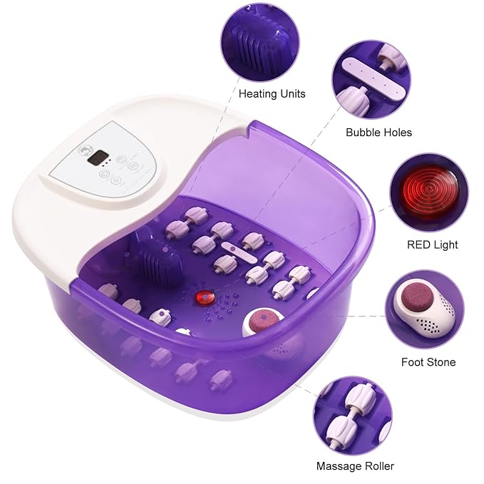 Foot Spa Bath Massager with Heat [2025 Upgraded], Vibration, Temperature Control, Jets, Bubbles and Epsom Salt, Foot Bath Soak Tub with 22 Massage Rollers, Feet Soaking Tub for Relaxation, Purple
