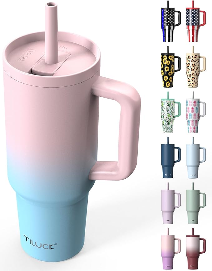 TILUCK 40 oz Tumbler with Handle, Vacuum Insulated Stainless Steel Travel Mug with 100% Leak-Proof Silicone Straw Lid, Cupholder Friendly Water Bottle(PinkBlueGradient, 40oz)
