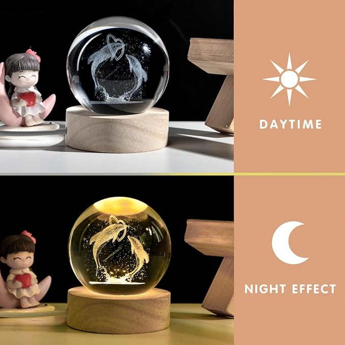 3D Laser Engraved Dolphin Crystal Ball, Romantic Dolphin & Heart LED Night Light, 60mm Sea Animal Figurines Decor Glass Sphere Lamp Gifts for Women Kids Mom - Bloomnest