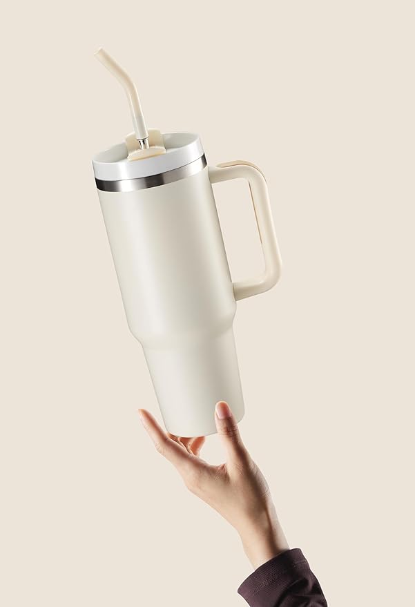 KooK Tumbler with Straw and Handle, 40 Oz, Stainless Steel, Vacuum Insulated Travel Coffee Mug, Reusable Double Walled Water Bottle, Keeps Hot or Cold (Antique White) - Bloomnest