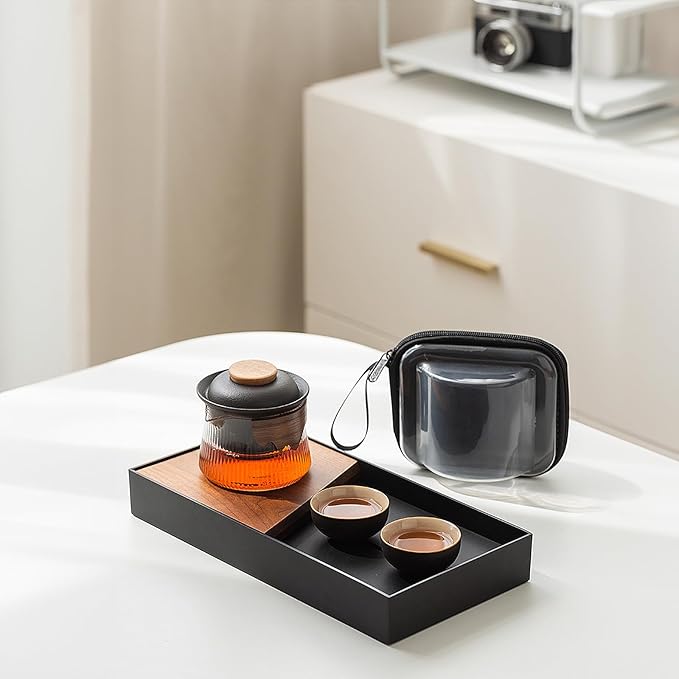 fanquare Ceramic Tea Pot Set for 2 Porcelain Kung Fu Tea Set with Mini Teacups Tea Infuser Portable Handbag for Travel Tea Pot with Wooden Protection Layer, Black - Bloomnest