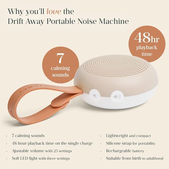 ergoPouch Drift Away White Noise Machine – Portable Sound Therapy for Baby & Adult, 7 Soothing Sounds, Rechargeable Battery, Adjustable Light - Home, Travel, and Registry Gift - Bloomnest