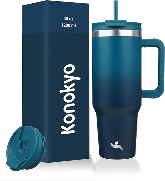 40 oz Tumbler with Handle and 2 Straws,2 in 1 Lid Insulated Water Bottle Stainless Steel Travel Coffee Mug,Indigo Black - Bloomnest
